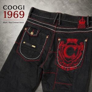 Y2K Coogi Jeans Mens 38x32 Black Red Embroidered Thick Stitch Authentic Baggy